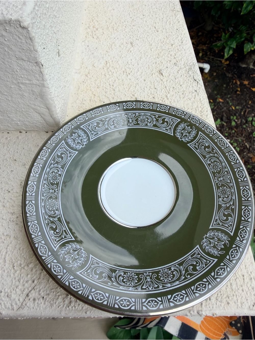 Forest Damask 3544 Fine China Japan Saucers Lot of 6 Olive Green Silver Vintage